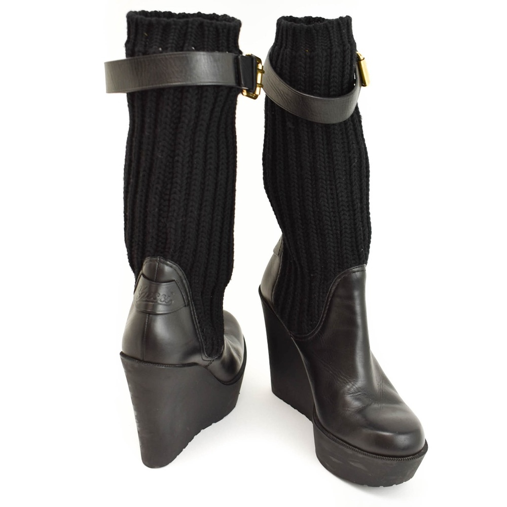 GUCCI Black Leather & Logo Knit Shaft Wedge Boots